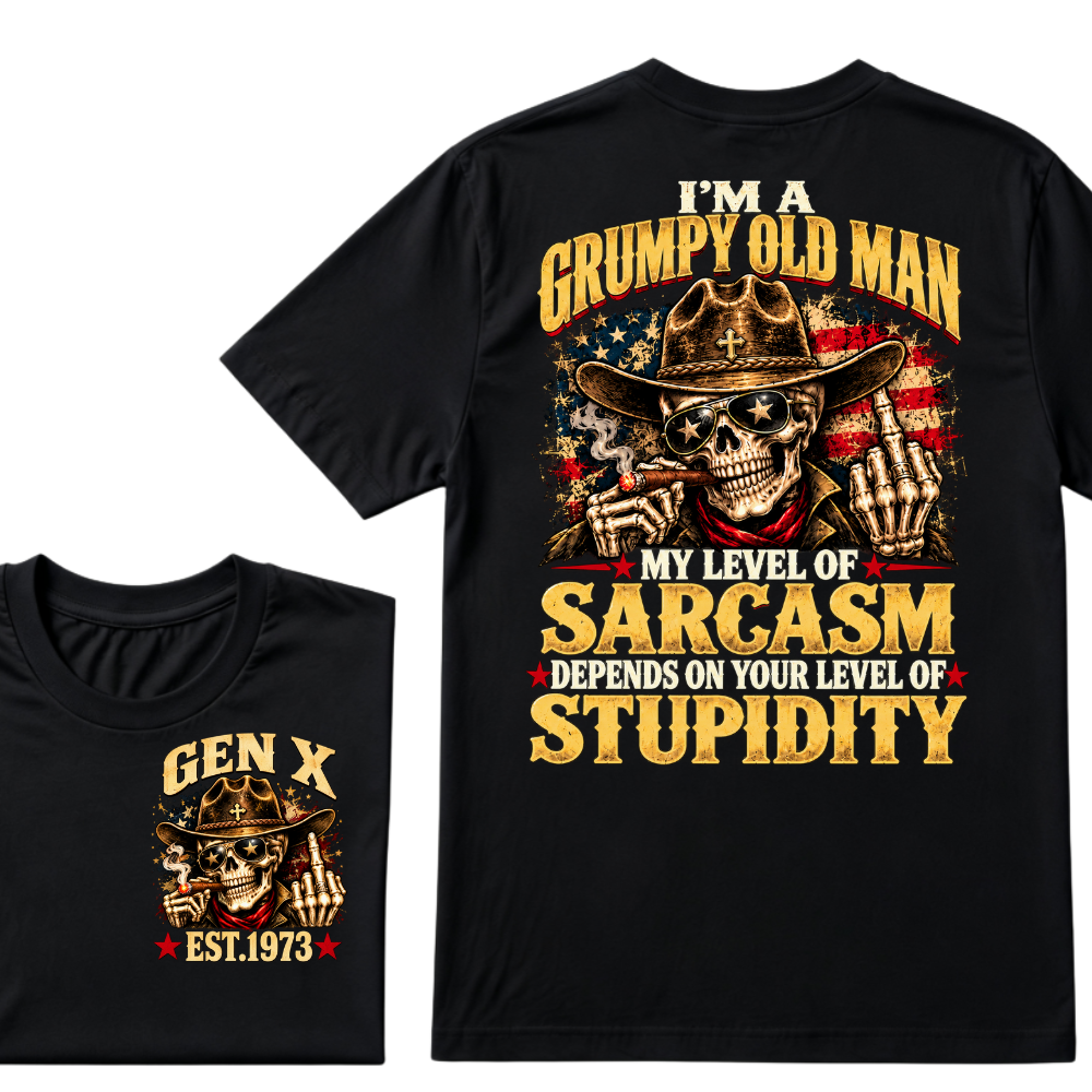 EST.Year I'm A Grumpy Old Man My Level Of Sarcasm Depends On Your Level Of Stupidity Cowboy Skull American Flag Graphic T-Shirt