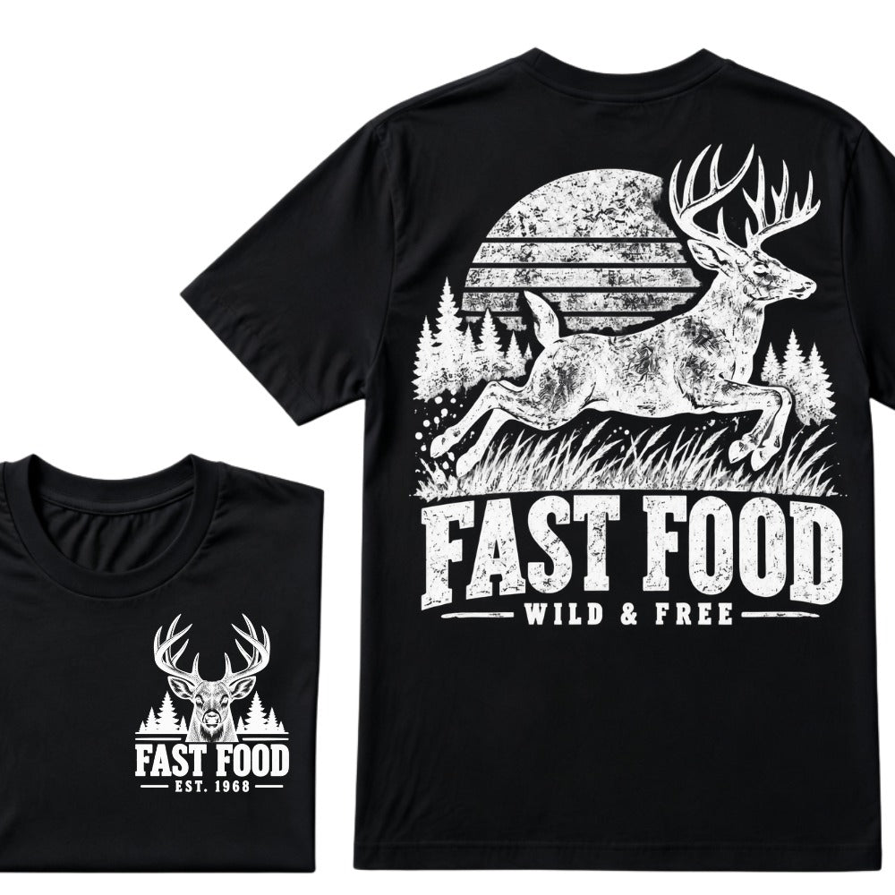 Fast Food Wild & Free Deer Hunting T-Shirt EST.Year Vintage Buck Hunter Forest Graphic Tee