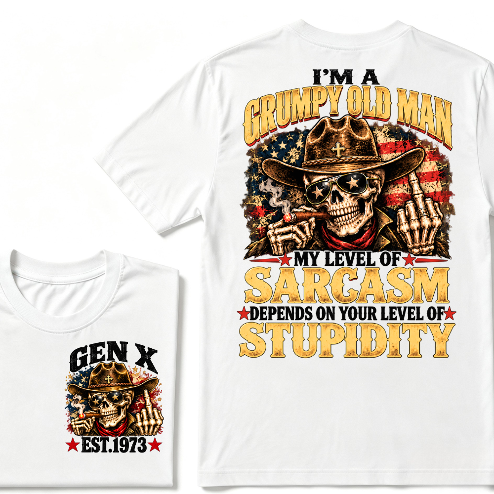 EST.Year I'm A Grumpy Old Man My Level Of Sarcasm Depends On Your Level Of Stupidity Cowboy Skull American Flag Graphic T-Shirt