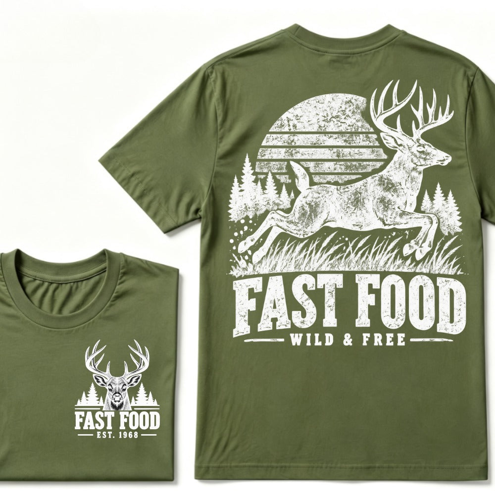 Fast Food Wild & Free Deer Hunting T-Shirt EST.Year Vintage Buck Hunter Forest Graphic Tee