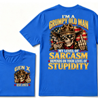 EST.Year I'm A Grumpy Old Man My Level Of Sarcasm Depends On Your Level Of Stupidity Cowboy Skull American Flag Graphic T-Shirt