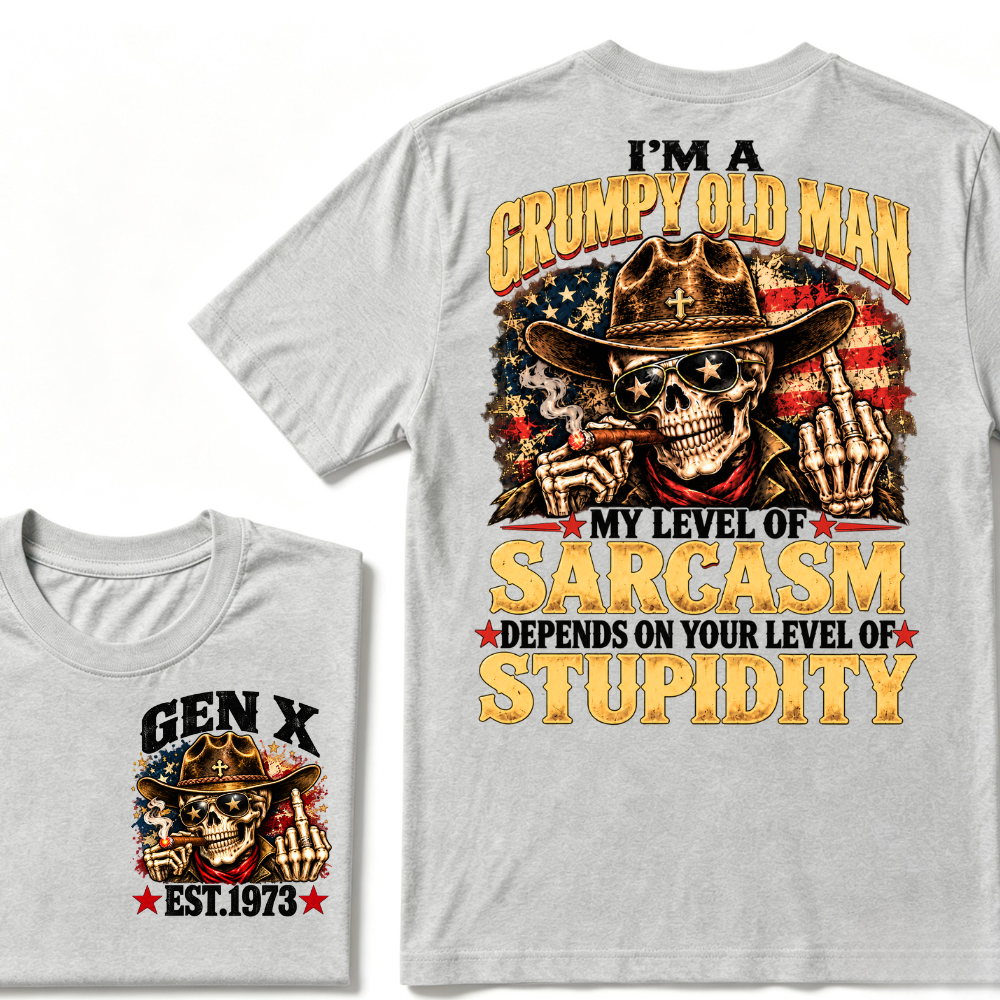 EST.Year I'm A Grumpy Old Man My Level Of Sarcasm Depends On Your Level Of Stupidity Cowboy Skull American Flag Graphic T-Shirt