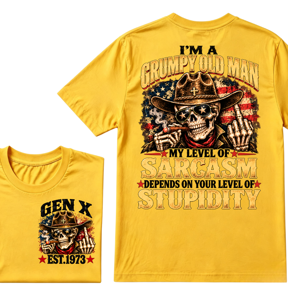 EST.Year I'm A Grumpy Old Man My Level Of Sarcasm Depends On Your Level Of Stupidity Cowboy Skull American Flag Graphic T-Shirt