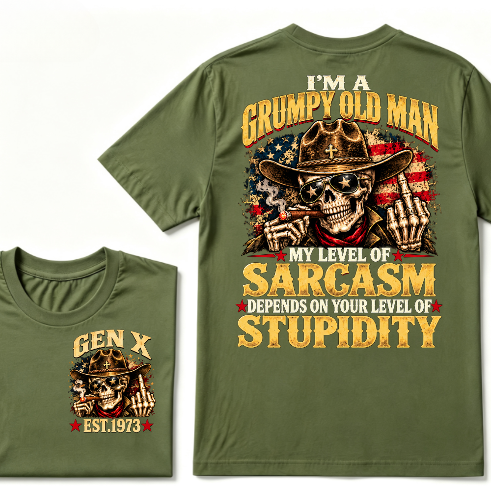 EST.Year I'm A Grumpy Old Man My Level Of Sarcasm Depends On Your Level Of Stupidity Cowboy Skull American Flag Graphic T-Shirt
