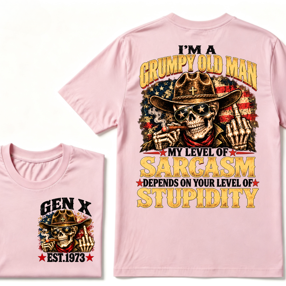 EST.Year I'm A Grumpy Old Man My Level Of Sarcasm Depends On Your Level Of Stupidity Cowboy Skull American Flag Graphic T-Shirt