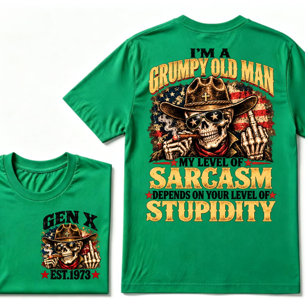 EST.Year I'm A Grumpy Old Man My Level Of Sarcasm Depends On Your Level Of Stupidity Cowboy Skull American Flag Graphic T-Shirt