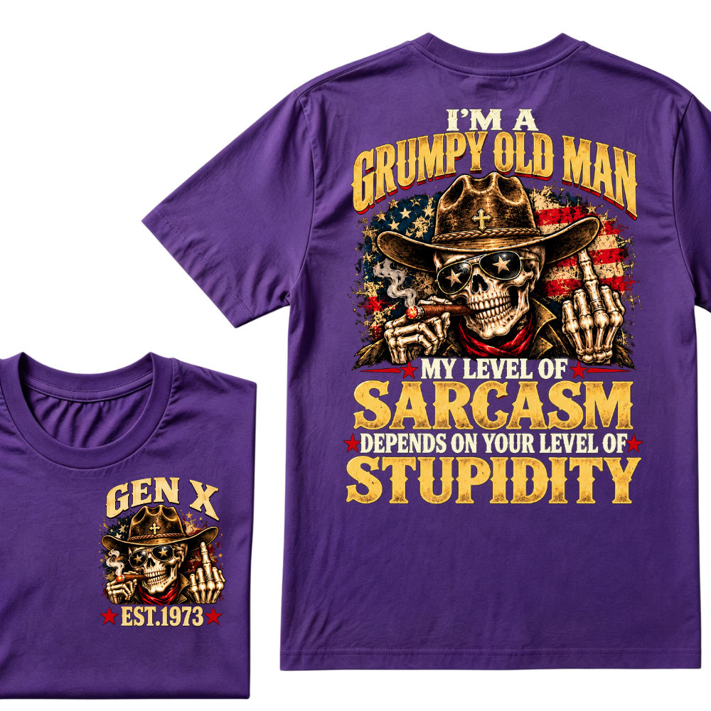 EST.Year I'm A Grumpy Old Man My Level Of Sarcasm Depends On Your Level Of Stupidity Cowboy Skull American Flag Graphic T-Shirt