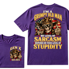 EST.Year I'm A Grumpy Old Man My Level Of Sarcasm Depends On Your Level Of Stupidity Cowboy Skull American Flag Graphic T-Shirt
