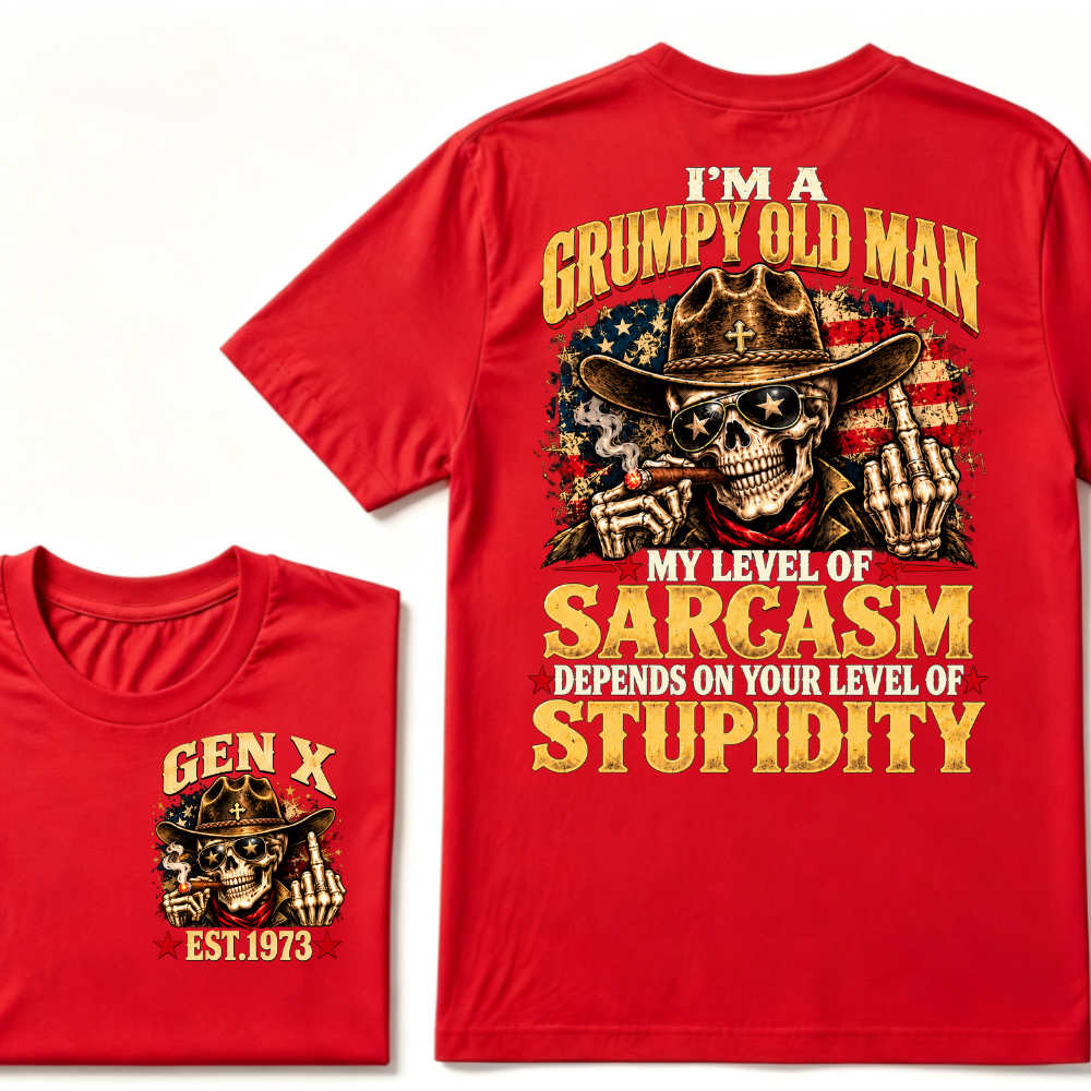 EST.Year I'm A Grumpy Old Man My Level Of Sarcasm Depends On Your Level Of Stupidity Cowboy Skull American Flag Graphic T-Shirt