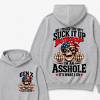 EST.Year Oh I Pissed You Off Suck It Up Buttercup I'm An Asshole It's What I Do American Flag Skull Graphic Hoodie, Funny Gen X Sarcastic Hooded Sweatshirt