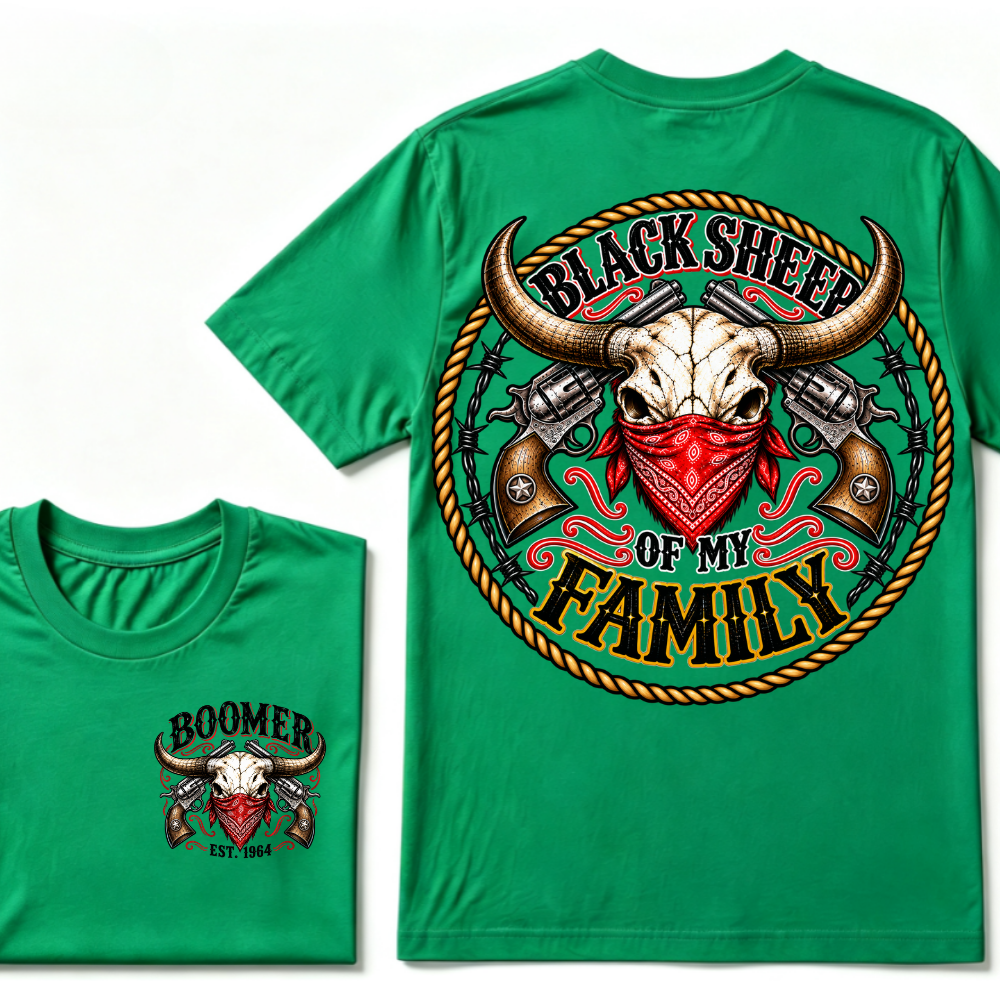 Black Sheep Of My Family EST.Year Vintage Longhorn Skull With Revolvers Western T-Shirt