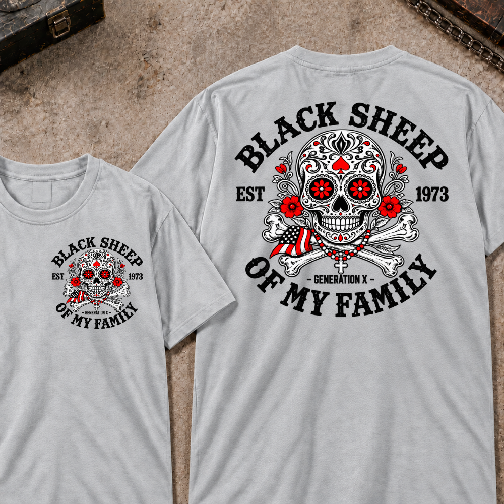 Black Sheep Of My Family Custom EST.Year Gen X Patriotic Sugar Skull Vintage Graphic Tee