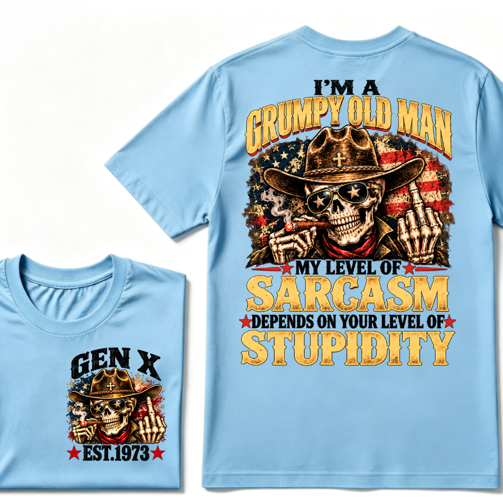 EST.Year I'm A Grumpy Old Man My Level Of Sarcasm Depends On Your Level Of Stupidity Cowboy Skull American Flag Graphic T-Shirt
