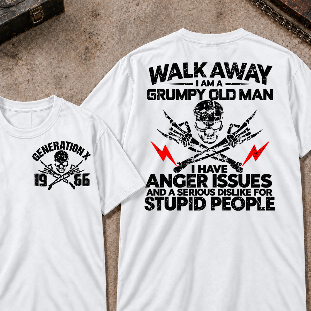 Custom Your Year Walk Away I Am A Grumpy Old Man I Have Anger Issues And A Serious Dislike For Stupid People Vintage Skull Retro Graphic T-Shirt