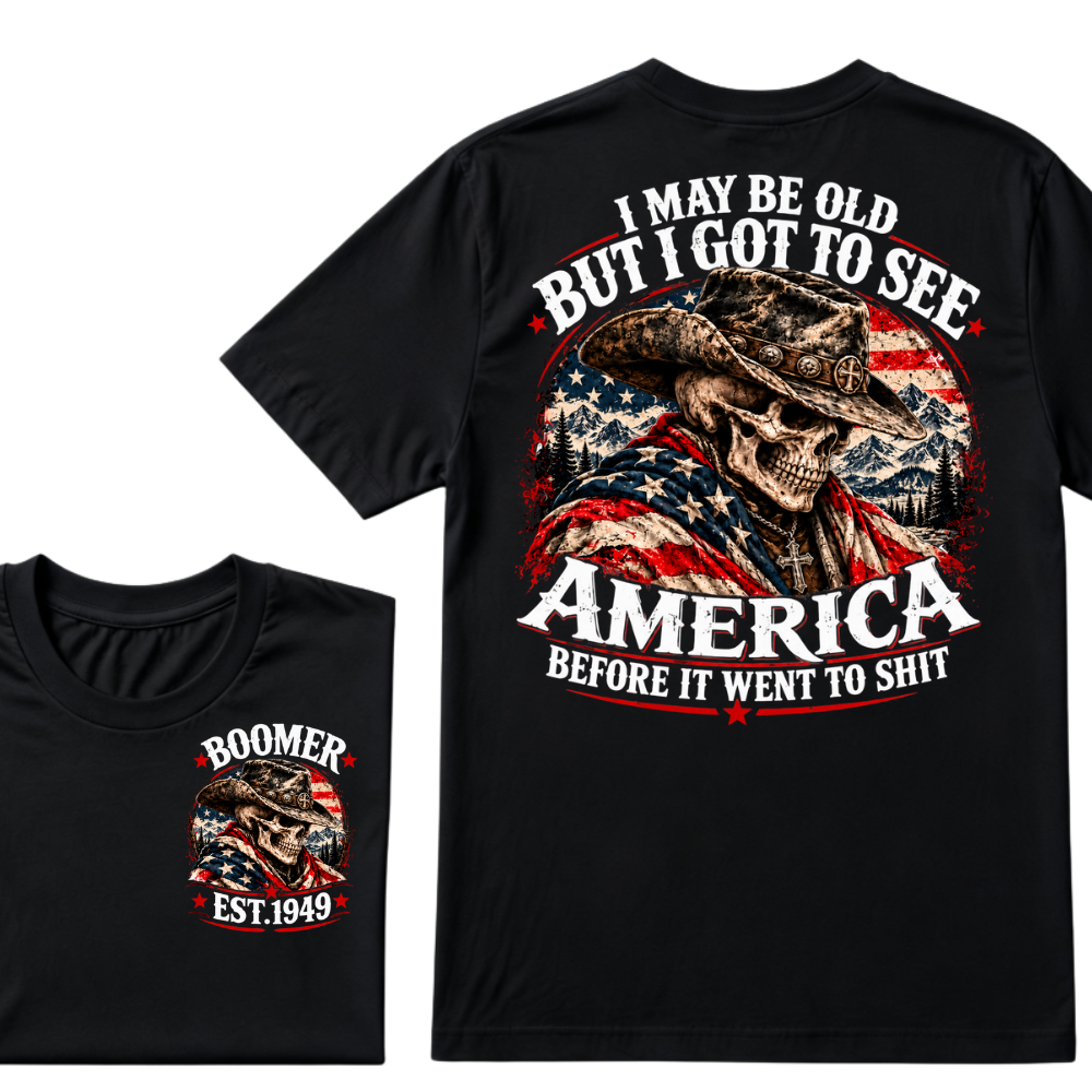 Boomer EST.Year Cowboy Skull American Flag I May Be Old But I Got To See America Vintage Graphic T-Shirt