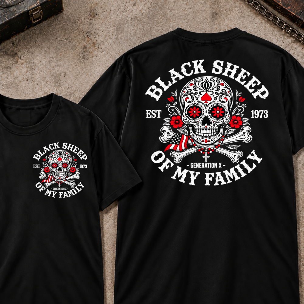 Black Sheep Of My Family Custom EST.Year Gen X Patriotic Sugar Skull Vintage Graphic Tee