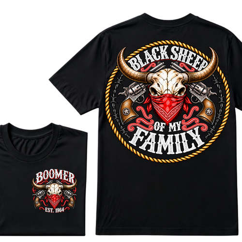 Black Sheep Of My Family EST.Year Vintage Longhorn Skull With Revolvers Western T-Shirt