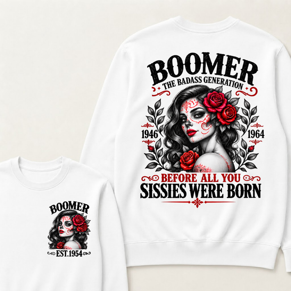 Boomer The Badass Generation 1946 - 1964 Before All You Sissies Were Born EST.Year Graphic Crewneck Sweatshirt