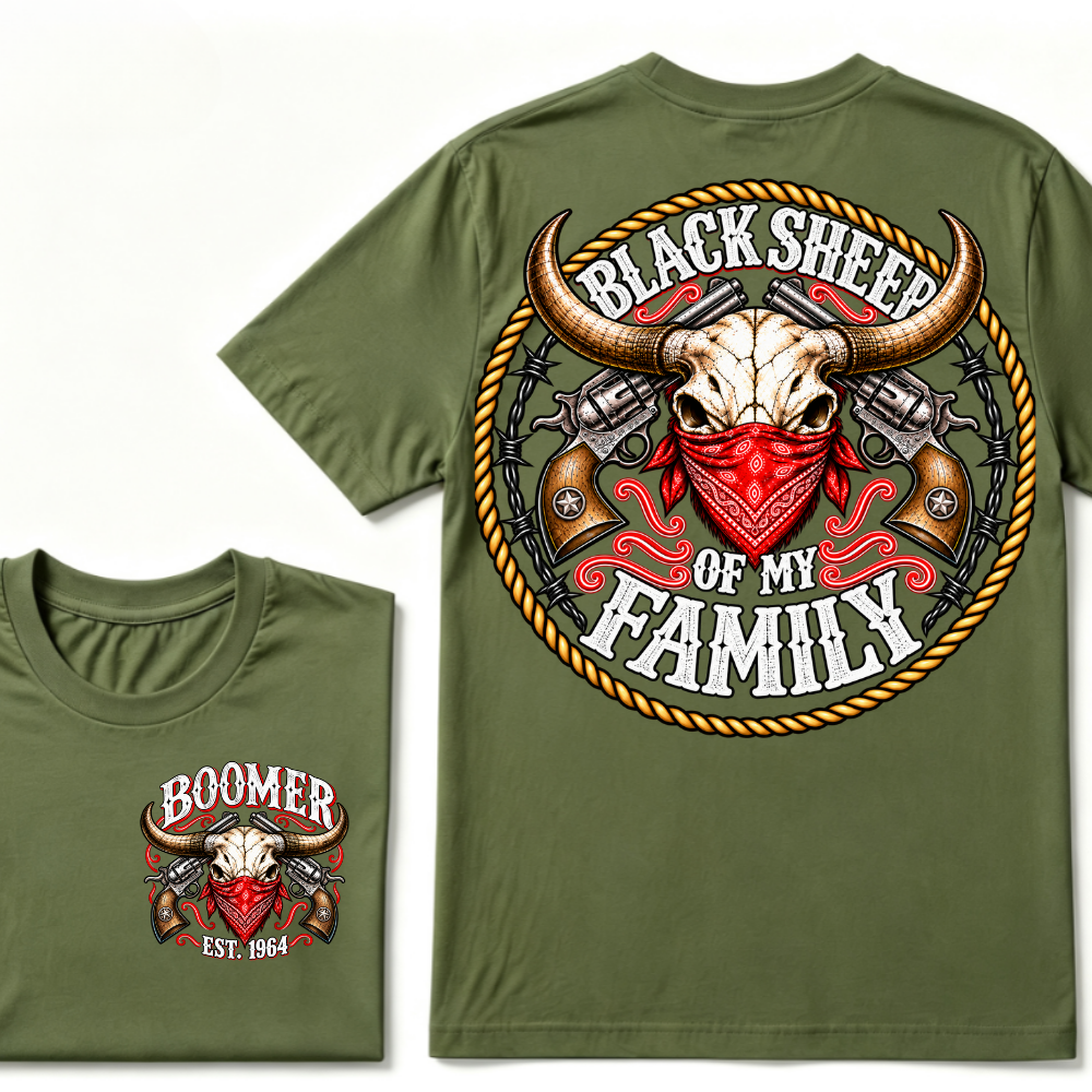 Black Sheep Of My Family EST.Year Vintage Longhorn Skull With Revolvers Western T-Shirt