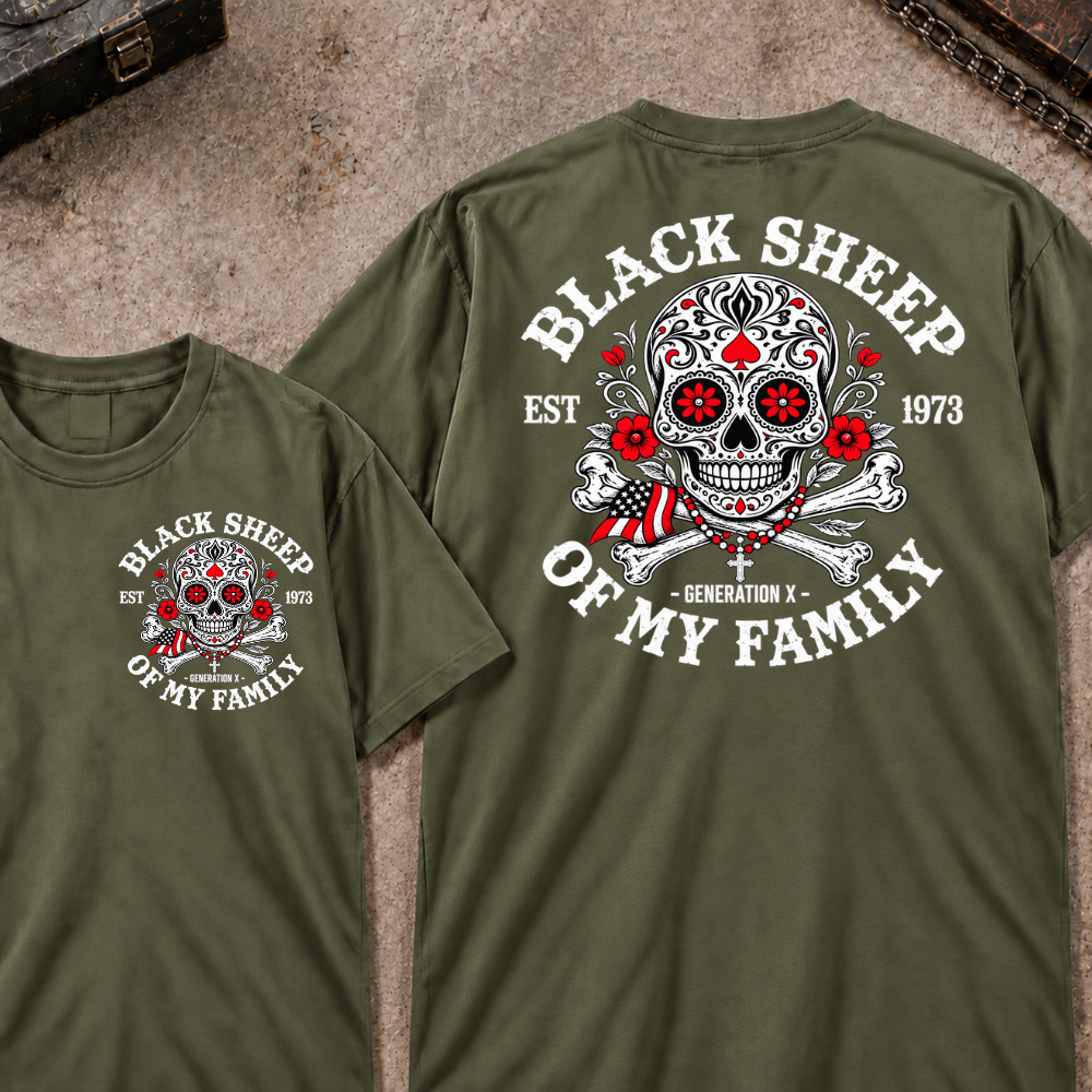 Black Sheep Of My Family Custom EST.Year Gen X Patriotic Sugar Skull Vintage Graphic Tee
