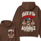 EST.Year Oh I Pissed You Off Suck It Up Buttercup I'm An Asshole It's What I Do American Flag Skull Graphic Hoodie, Funny Gen X Sarcastic Hooded Sweatshirt