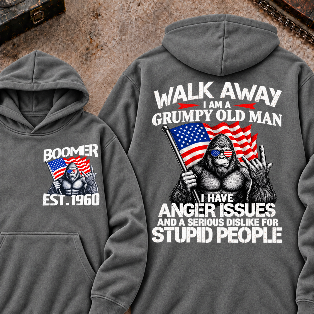 EST.Year Walk Away I Am A Grumpy Old Man I Have Anger Issues And A Serious Dislike For Stupid People Graphic Hoodie