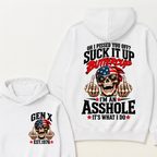 EST.Year Oh I Pissed You Off Suck It Up Buttercup I'm An Asshole It's What I Do American Flag Skull Graphic Hoodie, Funny Gen X Sarcastic Hooded Sweatshirt