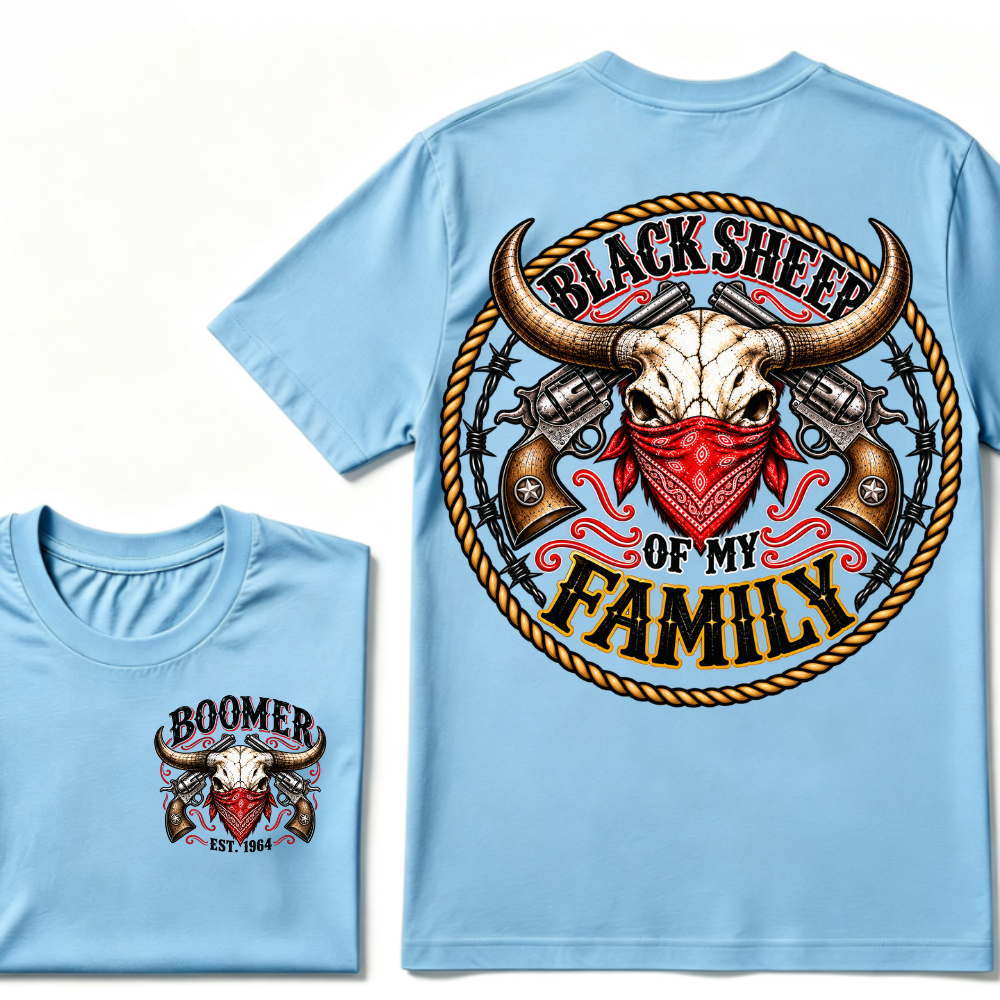 Black Sheep Of My Family EST.Year Vintage Longhorn Skull With Revolvers Western T-Shirt