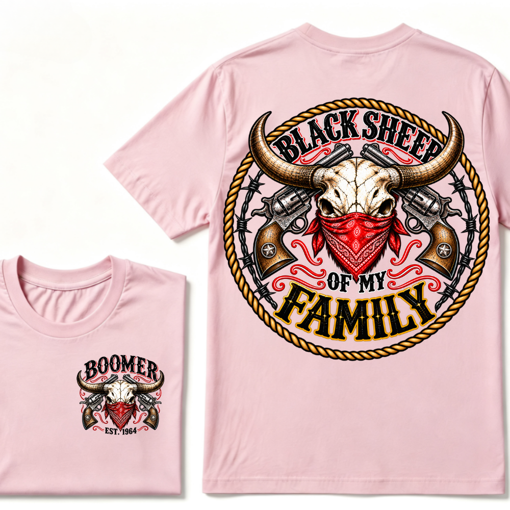 Black Sheep Of My Family EST.Year Vintage Longhorn Skull With Revolvers Western T-Shirt